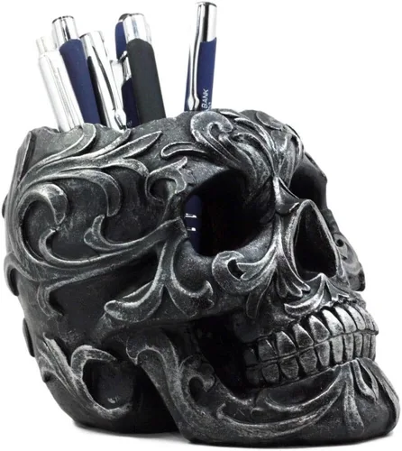 Miniatura 6 de Ebros Gift Tatuaje tribal floral cráneo titular de la pluma figurita 5.75 pulgadas de largo escritorio de oficina Osario Calaveras Decoración Cráneo