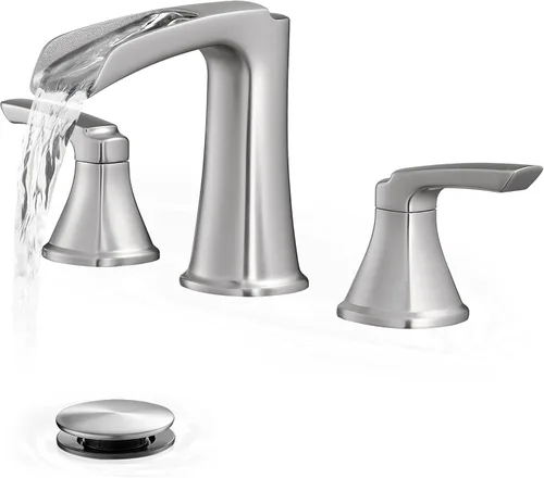 Grifos de baño de níquel cepillado, grifo de cascada generalizado de latón para fregadero de baño, grifo de fregadero de baño de 3 agujeros, grifos