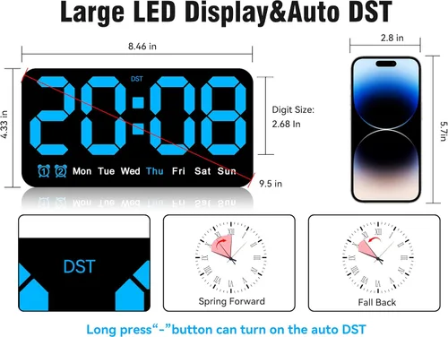 Miniatura 2 de Reloj de pared digital grande de 9.5 pulgadas con pantalla LED, DST automático, alarma dual con repetición, brillo ajustable, visualización