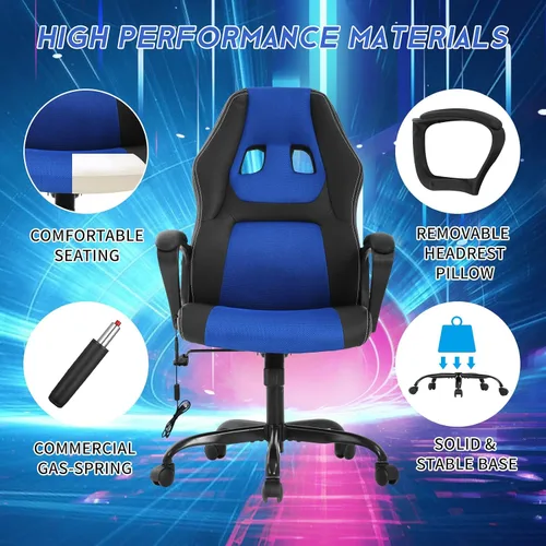 Miniatura 6 de BLKMTY Silla de juegos de PC, silla de escritorio ergonómica de masaje, sillas de carreras de piel sintética ajustable con soporte lumbar, Azul