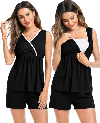 Miniatura 2 de SWOMOG Conjunto de pijama de maternidad para mujer con bata de 3 piezas, ropa de dormir sin mangas y pantalones cortos para embarazo