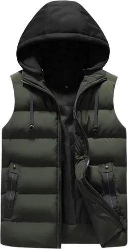 Miniatura 34 de WENKOMG1 Chaleco con capucha con doble cremallera para hombre, abrigo de color sólido, abrigo cálido y grueso, sin mangas, chaqueta suelta