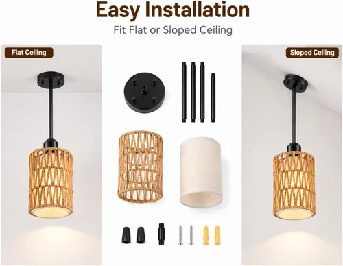 Miniatura 7 de Lámpara Colgante Boho Lámpara Colgante - Pantalla 2 en 1 de Ratán y Lino, Luminaria de Luces Colgantes Ajustables para Isla de Cocina, Comedor, Casa