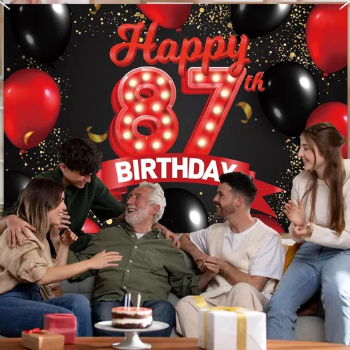 Miniatura 5 de Cartel de feliz cumpleaños 87 años, fondo rojo y negro, decoraciones de banner, globos, tema para niñas, mujeres, princesas, fiesta de cumpleaños