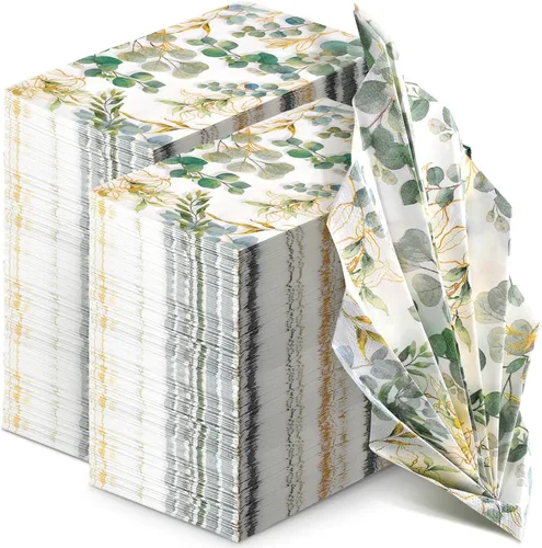 Miniatura 10 de Spiareal 120 servilletas de papel verde de 3 capas desechables para baño, hojas de eucalipto verde, servilletas decorativas para cena, para novia