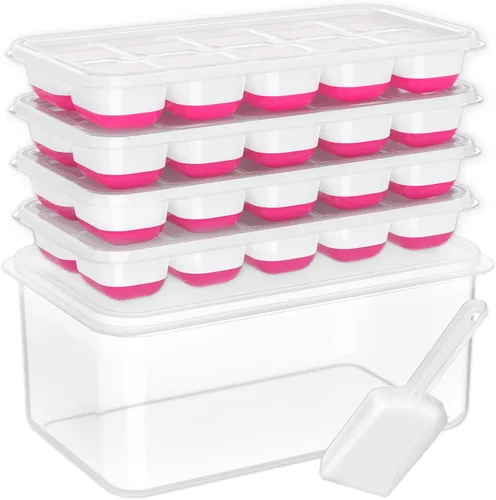 Miniatura 13 de DOQAUS Bandeja para cubitos de hielo con tapa y contenedor - Paquete de 4 bandejas de cubitos de hielo de silicona para congelador, kits de cubeta