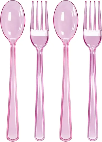 Miniatura 9 de Juego de cuchara y tenedor rosa intenso (50 cada uno) – Vajilla rosa intenso para fiestas, cubiertos de plástico duradero, cubiertos