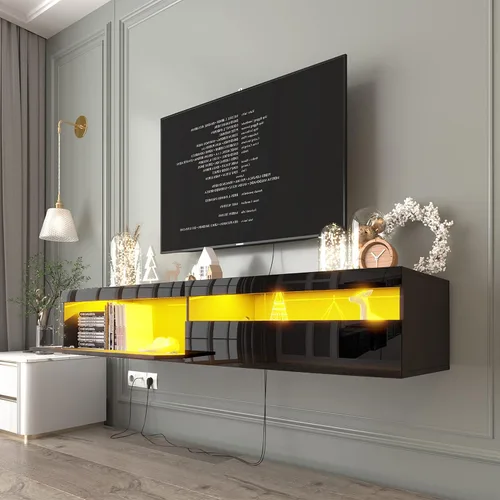 Floating TV Stand, Wall Mounted TV Shelf with Led Lights & Power Outlet, 71" Modern Entertainment Center Media Console with Storage, High Gloss TV