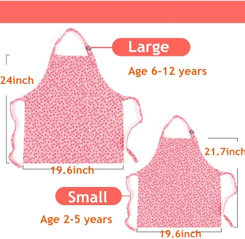 Miniatura 3 de Juego de delantal y gorro de chef para niños, delantales ajustables de algodón para niños con 2 bolsillos, lindos delantales de cocina para niñas
