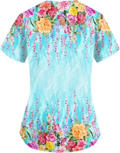 Miniatura 2 de Blusa médica con estampado de flores para mujer, talla grande, cuello en V, manga corta, verano, trabajo, enfermera, tallas S-5XL