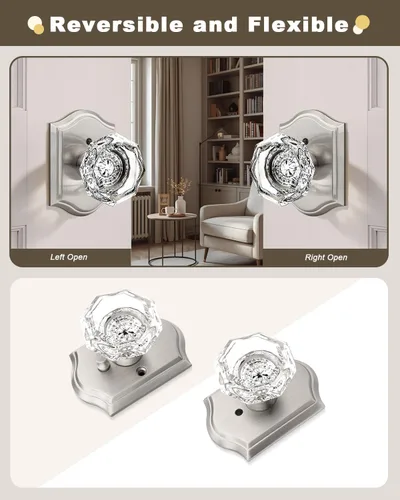 Miniatura 7 de Gobrico Paquete de 3 pomos de puerta de cristal transparente, manijas de puerta de cama/baño, función de privacidad, perilla interior de vidrio