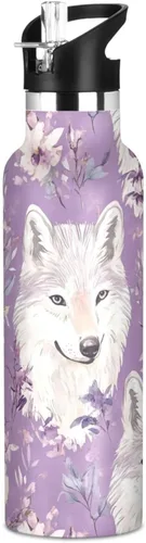 Insulated Water Bottle with Straw Double Wall Vacuum Insulated Lightweight for Sports, Travel, and School, Sweet Wolf Purple 17