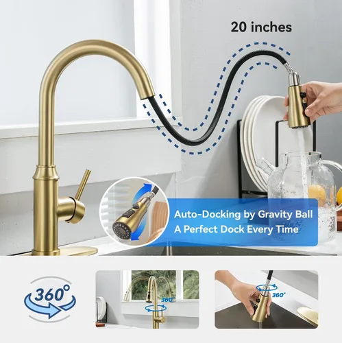 Miniatura 5 de Grifo de cocina dorado con rociador, grifo de fregadero de cocina de una sola manija con rociador extraíble, bronce champán, Arofa