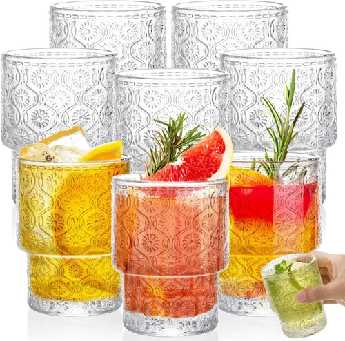 AVLA Paquete de 8 vasos vintage para beber, vaso romántico de jugo de agua de 7 onzas, transparente, apilable, para café, cóctel, bar, bebidas, té,