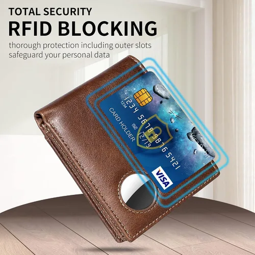 Miniatura 32 de Swallowmall AirTag Billetera para hombre con bloqueo RFID, de piel auténtica, plegable, para AirTag con 1 ventana de identificación, 13 tarjeteros