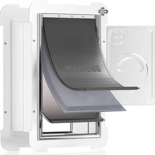 Miniatura 10 de Puerta de perro extra grande de 3 solapas para puertas con panel de bloqueo deslizante, marco de acero y túnel telescópico para mascotas, puerta