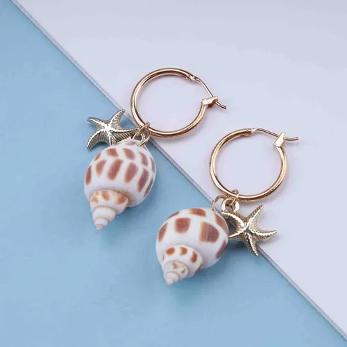 Miniatura 5 de Erimberate Aretes de aro de concha de concha de mar bohemios, aretes colgantes de estrella de mar dorados, aretes de concha, aretes de estrella