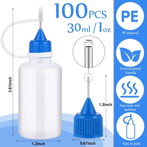 Miniatura 2 de Zhehao 100 botellas aplicadoras de pegamento con punta de aguja de precisión de 1.0 fl oz/1 oz, botellas de pegamento translúcidas de punta