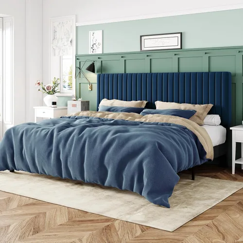 Allewie - Base de cama tamaño King con cabecera acolchada tapizada en terciopelo y diseño acanalado vertical ajustable; plataforma de cama con base