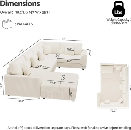 Miniatura 2 de Sofá seccional modular de 146", en forma de U de gran tamaño, sofá cama convertible, asiento profundo cómodo sofá nube con otomana y 5 almohadas