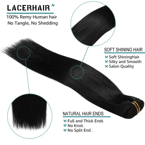 Miniatura 2 de Lacer Extensiones de cabello humano Remy sin costuras, color negro #1, ultra fino, doble trama de poliuretano, invisible, 7 unidades, 4.33 oz