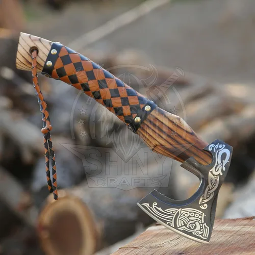 Miniatura 11 de Hacha vikinga decorativa - Regalo único para papá Hoja de acero al carbono con mango de cuero perfecto para bushcraft o exhibición (SCA-16)