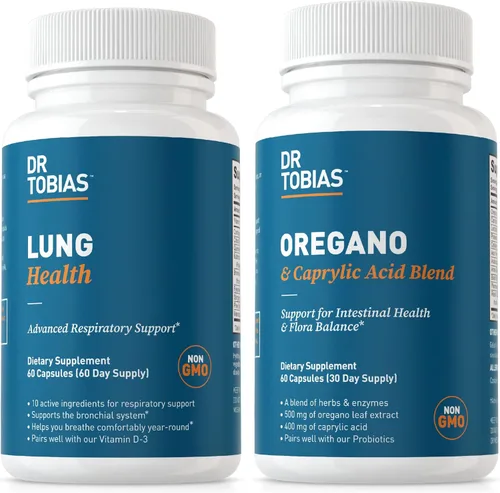 Dr. Tobias Salud pulmonar y mezcla de orégano y ácido caprílico, apoya la limpieza y desintoxicación pulmonar, la salud intestinal, el apoyo