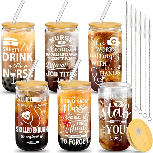 Miniatura 8 de Juego de 6 vasos de vidrio con forma de lata de 16 onzas con tapas y pajitas de bambú, regalos de graduación de escuela de enfermería para mujeres