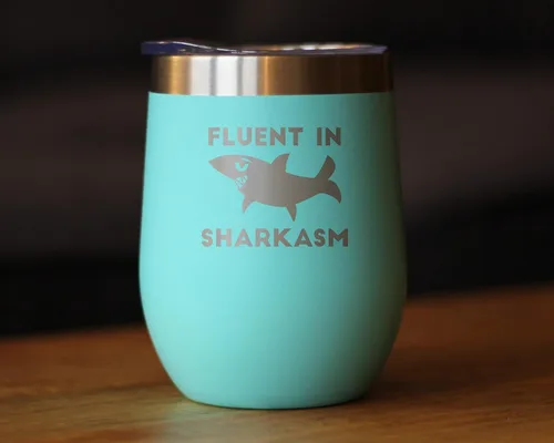 Miniatura 2 de Bevvee Fluent in Sharkasm - Divertido vaso de vino de tiburón con tapa deslizante, taza aislada de acero inoxidable, bonitos regalos de decoración
