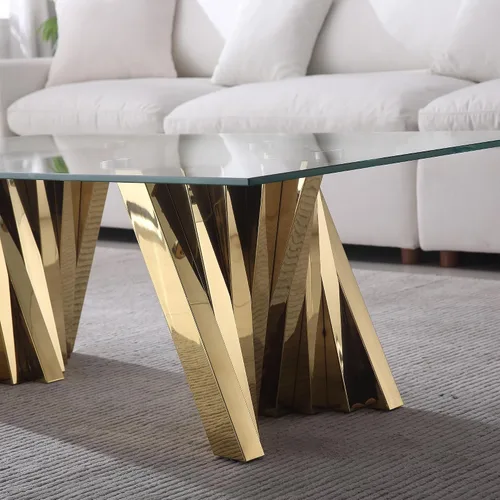 Miniatura 213 de Mesa de centro de cristal de lujo, mesa de centro de sofá de 47 pulgadas con marco de acero inoxidable dorado y parte superior de vidrio negro, mesa