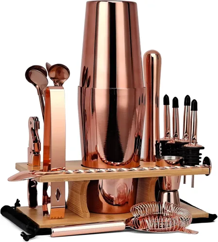 Miniatura 7 de Kit de coctelera de 17 piezas con soporte, coctelera Boston, cuchara mezcladora, Muddler, jigger medidor, exprimidor de limón, pinzas, sacacorchos