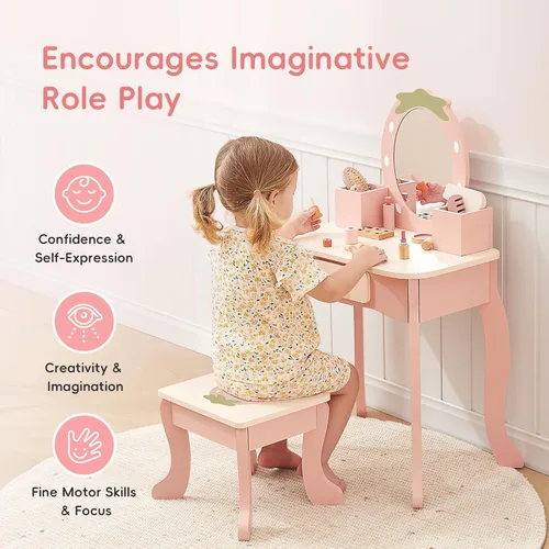 Miniatura 4 de OOOK Tocador para niños de 3 años, tocador de juguete para niños con accesorios de maquillaje, mesa de maquillaje para niños con cajón, color rosa