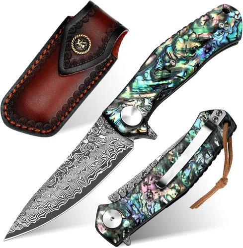 Benkey - Navaja de bolsillo de acero de Damasco con funda de cuero con clip, cuchillo plegable con núcleo VG10 afilado, EDC con bloqueo de