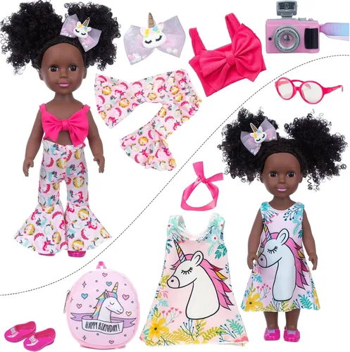 Miniatura 2 de ZQDOLL Muñeca negra y muñeca negra de 14.5 pulgadas de silicona afroamericana con 2 juegos de ropa y equipo de viaje, cámara, mochila, lentes, etc.