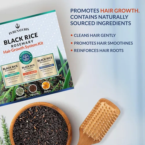 Miniatura 8 de PureNaturis Champú orgánico de agua de arroz negro con romero para el crecimiento del cabello, spray de agua de arroz, con agua de romero, biotina