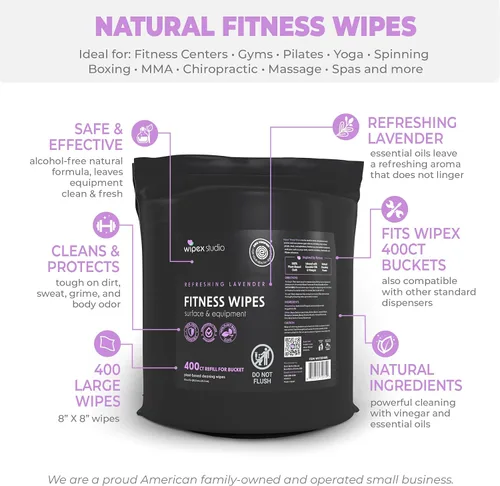 Miniatura 7 de Wipex Recambio de cubo de toallitas de gimnasio - Verificado por EWG, 400 toallitas para equipos de fitness a base de plantas, lavanda y vinagre