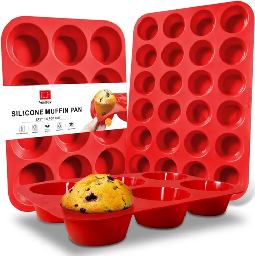 Walfos Molde de silicona para magdalenas, juego de 3 moldes para magdalenas, incluye 24 tazas de mini moldes para muffins, 12 tazas regulares y 6