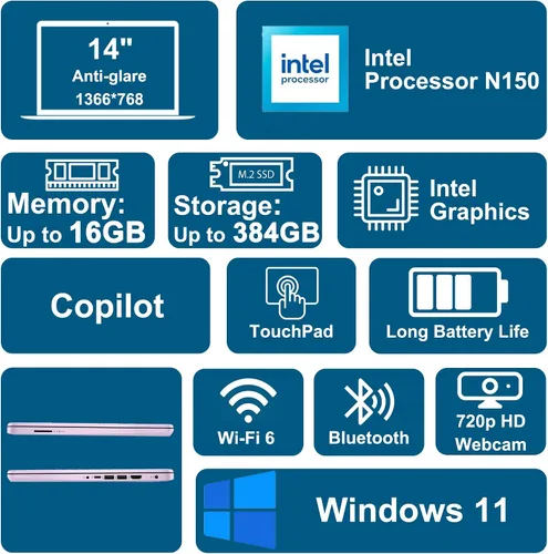 Miniatura 2 de HP 14 portátiles portátiles livianos para negocios y estudiantes, 14 pulgadas, HD, antirreflejo, Intel de 4 núcleos, N150, 8 GB de RAM, 192 GB