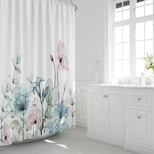 JOYMIN Juego de cortinas de ducha de tela floral con 12 ganchos, cortina de baño de acuarela, accesorios decorativos modernos para baño, flores y