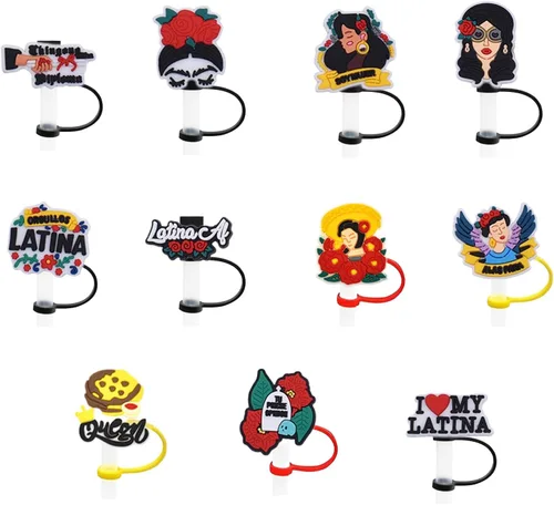 Miniatura 6 de 7 piezas de paja de vaca cubierta de paja de silicona para vasos, pajitas reutilizables, lindas puntas de paja cubierta