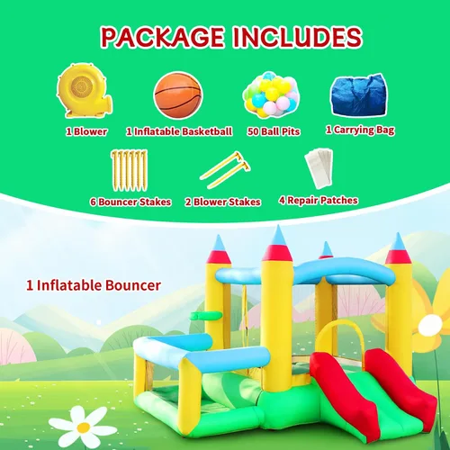 Miniatura 7 de WELLFUNTIME - Casa inflable para saltar con tobogán, 107x106x80 pulgadas, castillo hinchable con soplador y piscina de pelotas, juego de baloncesto