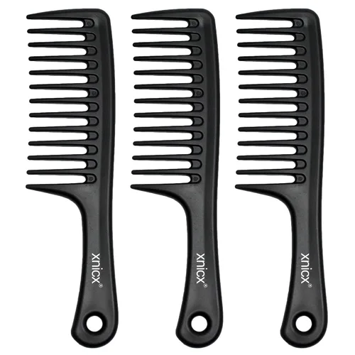 Juego de 3 peines de dientes anchos, cepillo desenredante para cabello rizado, húmedo y grueso, desenredante de ducha con agarre cuidado para Negro