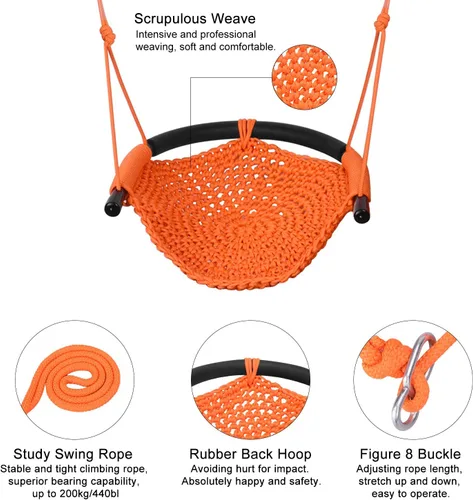Miniatura 7 de JKsmart Asiento de columpio para niños con cuerda resistente, juego de columpio seguro para niños, perfecto para interior, exterior, patio de Naranja