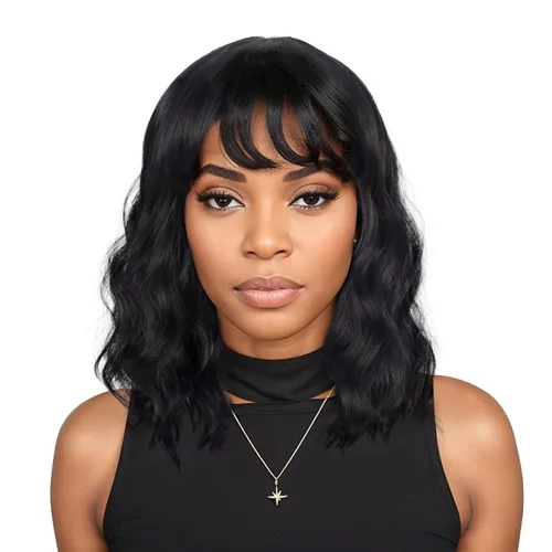 Pelucas Bob Onduladas Negras Naturales a la Altura del Hombro Para Mujeres Pelucas Cortas Onduladas Con Flequillo Pelucas Sintéticas Onduladas