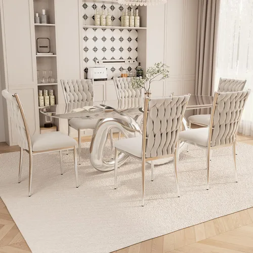 Miniatura 40 de Juego de 2 sillas de comedor de terciopelo, modernas sillas de cocina tejidas con patas de metal dorado, cojín tapizado con respaldo alto