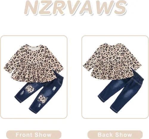 Miniatura 4 de NZRVAWS Ropa para bebé niña pequeña, conjunto de pantalones de mezclilla rasgados con volantes florales de leopardo para niña 0-4T