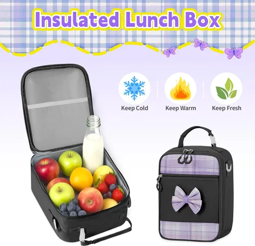 Miniatura 5 de Mochila para niñas con juego de lonchera, 5 piezas, color negro, linda mochila Kawaii para adolescentes, mochila escolar estética para primaria