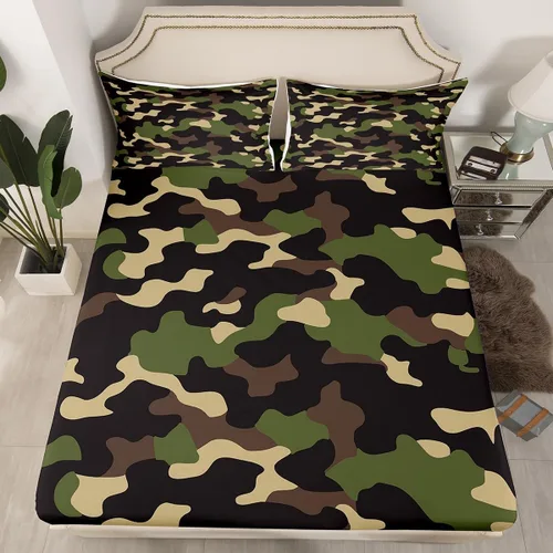 Miniatura 13 de Sábanas de camuflaje para niños, sábanas bajeras de camuflaje verde militar, juego de ropa de cama de camuflaje militar para niños, adolescentes