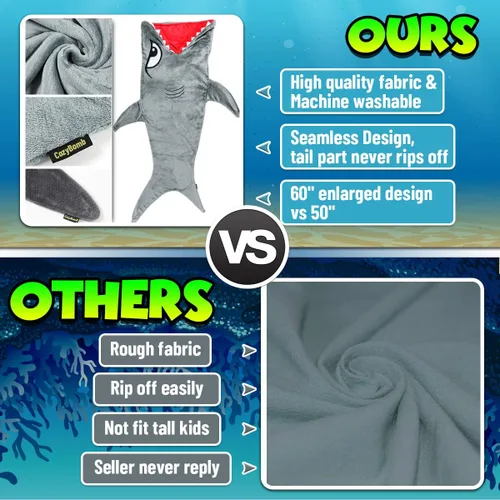 Miniatura 2 de CozyBomB Manta de animales con cola de tiburón para niños, diseño acogedor y suave de una pieza, manta de felpa duradera sin costuras