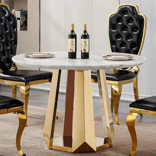 Miniatura 17 de Mesa de comedor redonda de 47 pulgadas, mesa de cocina redonda moderna de mediados de siglo para 4 a 6 personas, mesa de mármol sintético de alto